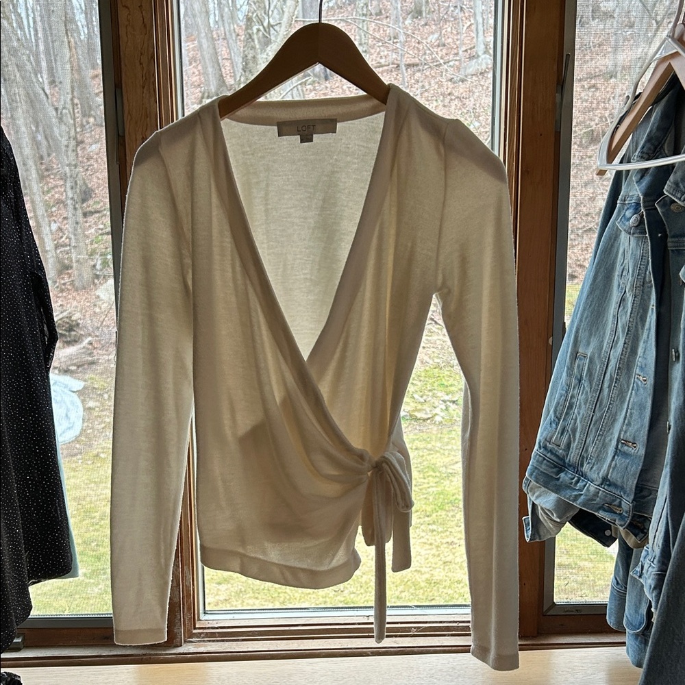 LOFT Cream Wrap-Front V-Neck Sweater with Side Tie